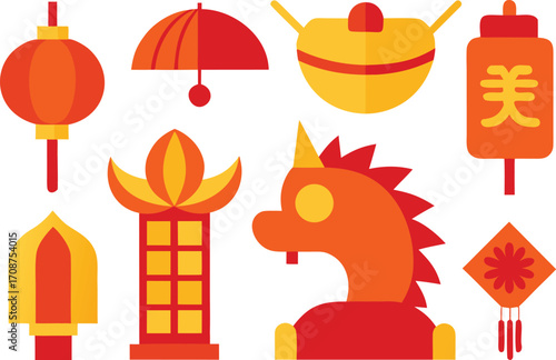 Vector collection of chinese festival icons featuring lanterns and dragon elements for celebration
