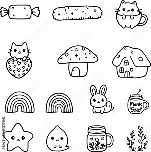 Collection of cute and simple black and white drawings of various objects and characters on white silhouette