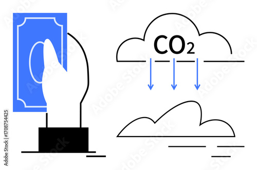 Hand raising money linked to CO2 emission cloud with arrows. Ideal for sustainability, carbon offset, climate solutions, eco-investment, responsibility, green finance, simple flat metaphor
