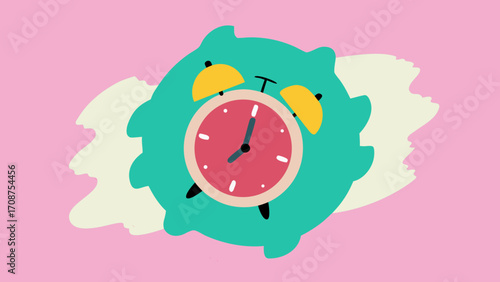 A humorous pink vintage alarm clock with a floral design shows the concept of time and a morning deadline