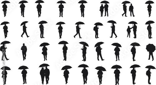 Collection of Silhouetted Figures Holding Umbrellas, Walking and Standing in Various Poses, Black and White Illustration for Weather or Urban Designs