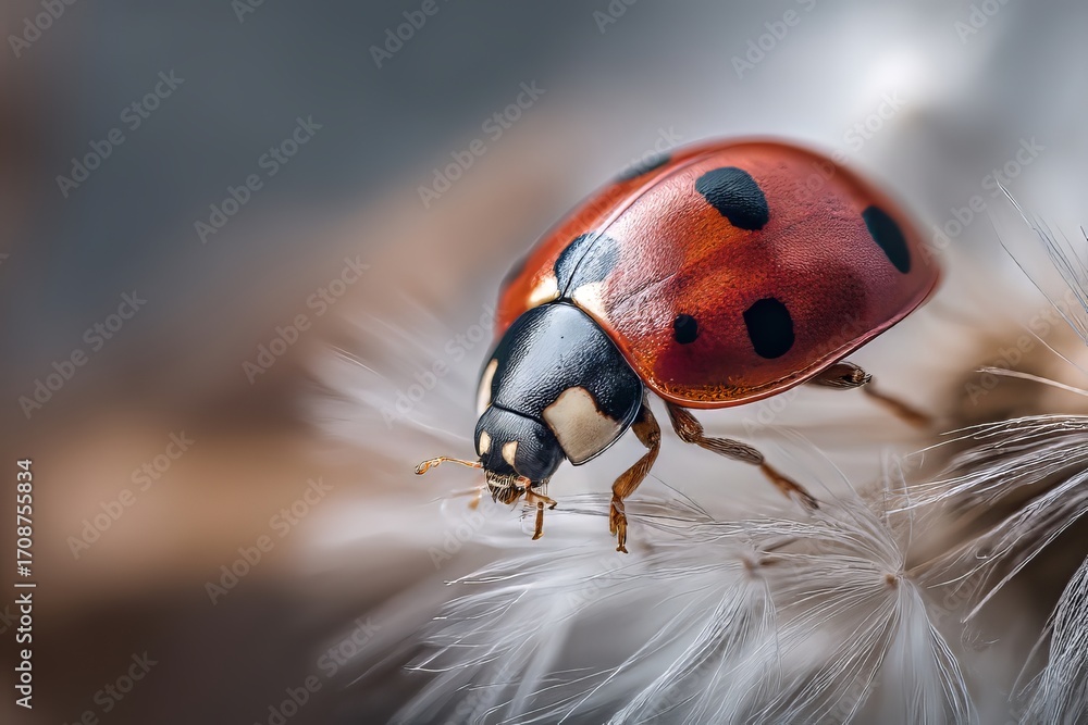 Obraz premium Vibrant ladybug perched on delicate dandelion fluff, showcasing nature's beauty in macro detail