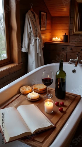 Relaxing bath setup with wine, snacks, and candles in cozy bathroom  
