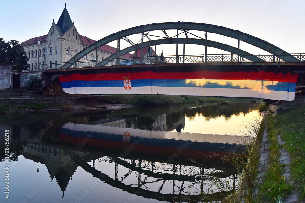 Obraz premium Wide spread serbian flag at national holiday in Serbia.