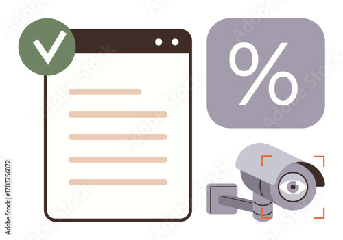 Surveillance camera with red focus detail, checklist with approval mark, and percentage icon. Ideal for security, monitoring, compliance, analytics, privacy audits cyber safety. Simple flat