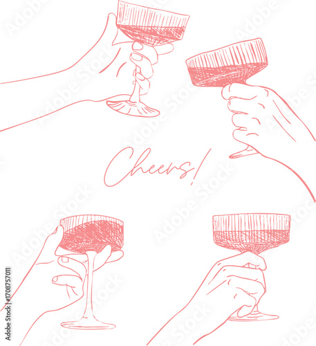 Cheers or drinking toast drawing. Wine glass with hand. Birthday party or bachelorette celebration line illustration. Wine, champagne, prosecco, martini, sangria vector doodle illustration.