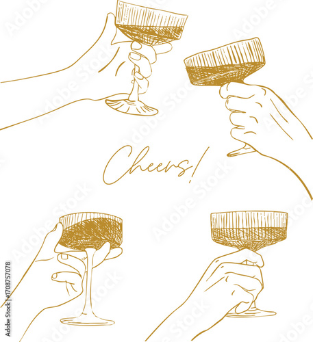 Cheers or drinking toast. Wine glass with hand. Birthday party or bachelorette celebration line illustration. Wine, champagne, prosecco, martini, sangria vector doodle illustration. 