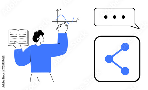Person drawing graph with axes while holding book, alongside floating chat bubble and sharing icon. Ideal for education, mathematics, communication, sharing ideas, data analysis, teamwork, simple