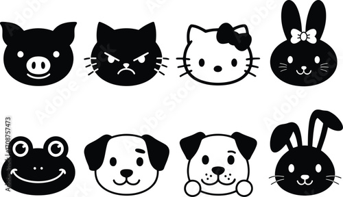 Collection of cartoon animal faces in black and white featuring a pig cat frog dog rabbit and kitty silhouette
