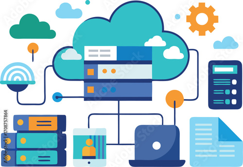 Cloud computing server data storage vector illustration network connection technology