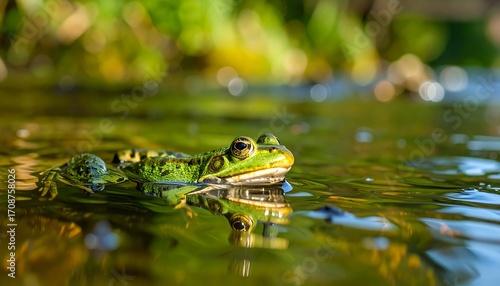 Frog in water, sunny day