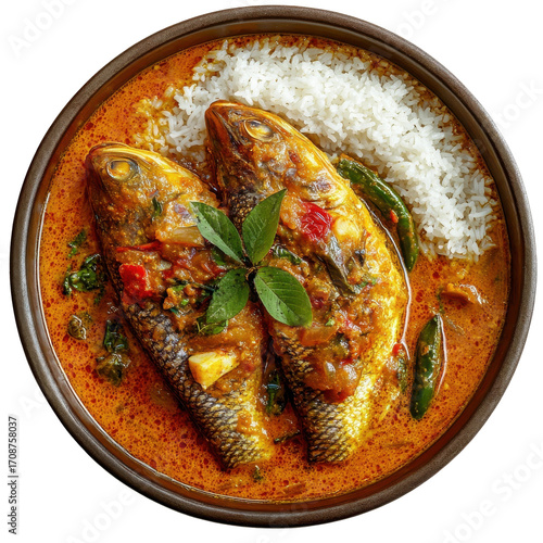 Delicious Spicy Fish Curry with Rice, Fresh Herbs, and Colorful Vegetables in a Traditional Bowl on transparent background