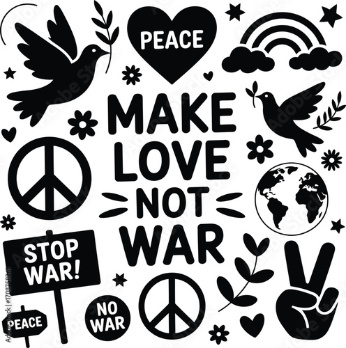 A black and white graphic illustration promoting peace and anti war sentiments with doves and symbols silhouette