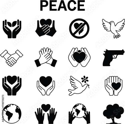 A compilation of peace symbols including hands, hearts, doves, earth, and a tree with the word peace above silhouette