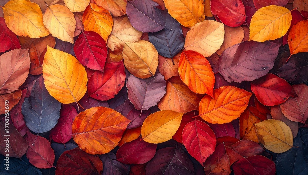Fototapeta premium Colorful collection of fallen leaves perfect for a rich, warm fall background, offering versatile copy space for your creative projects