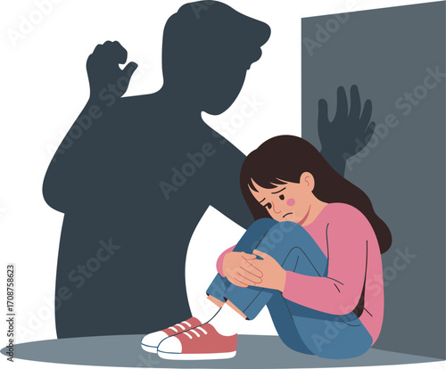 Girl sitting on floor feeling scared, shadow of abusive figure behind her, emotional distress, fear, violence concept, vector illustration, psychological trauma