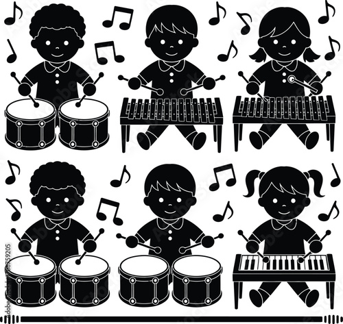 Black and white illustration of children playing musical instruments with musical notes around them silhouette