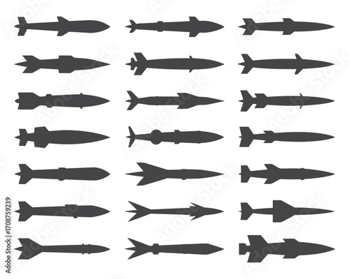 A black and white minimalist vector set showcasing various silhouettes of aerial bombs, cruise missiles, and tactical rockets for graphic design
