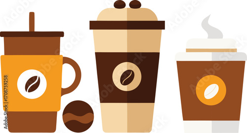 Vector illustration collection of coffee drinks with beans and lids for graphic design