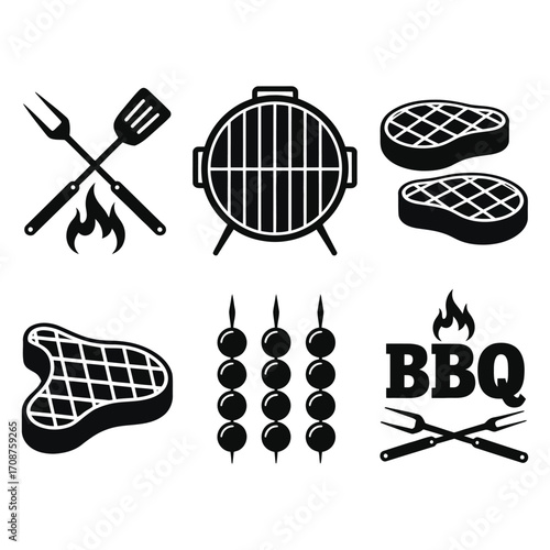 A versatile collection of black and white barbecue icons featuring a grill, steak, and utensils. Vector illustration set for outdoor cooking
