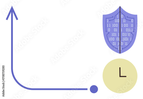 Arrow showing upward progress, shield with binary code symbolizing cybersecurity, and a clock for time. Ideal for data protection, technology growth, time management, digital security, risk