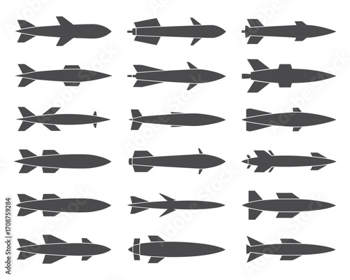 Collection of various military aviation ordnance, including missiles, rockets, and bombs, presented as a flat icon silhouette set