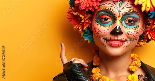 Woman with vibrant day of the dead sugar skull makeup and colorful flower headdress pointing finger, celebrating dia de los muertos 4k video