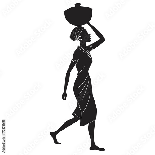 Woman balancing clay pot on head