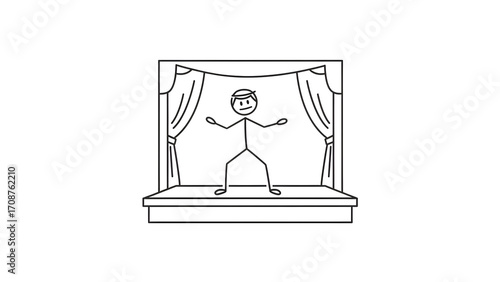 A simple black and white line drawing of a stick figure actor performing awkwardly on a theater stage.