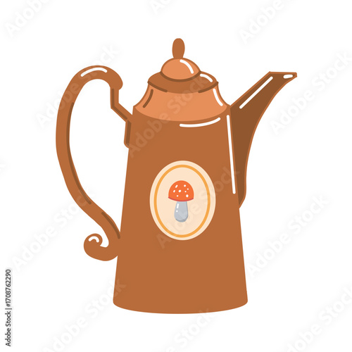 Vintage brown teapot, cozy teapot with fly agaric. Rustic retro teapot. Colored flat vector illustration isolated on white background.