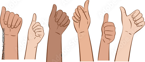 Diverse hands showing thumbs up, positive gesture, support, approval, multicultural hands, vector illustration, diversity, encouragement, success, agreement concept