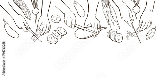 Cooking process top view, ad background. Chefs hands cook meal. Culinary school, class, training course banner. Hand drawn line vector illustration