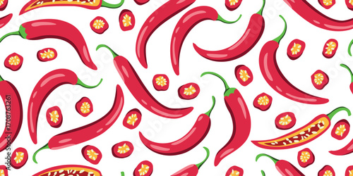 Red chili pepper vector seamless pattern on a white background. View from above. Flat hot peppers illustration. Chile wallpaper
