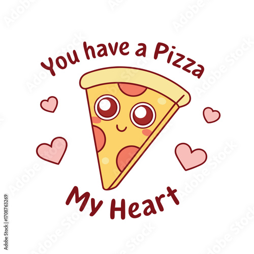 Kawaii pizza slice with cute face and surrounding hearts expresses love on transparent background