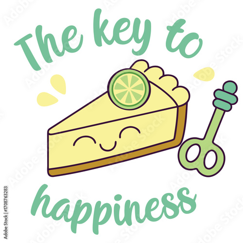 Smiling lemon pie slice is shown near a light green key on transparent backdrop