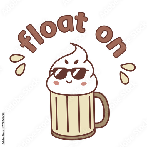 Cute root beer float cartoon character wears sunglasses and has float on text