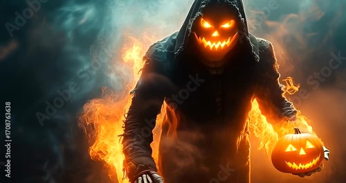 A terrifying grim reaper figure with a glowing jackolantern head, engulfed in flames and smoke, embodying the spirit of halloween and horror 4k video