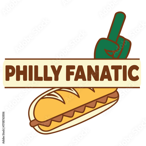 Green foam finger and sandwich support the text Philly Fanatic on white