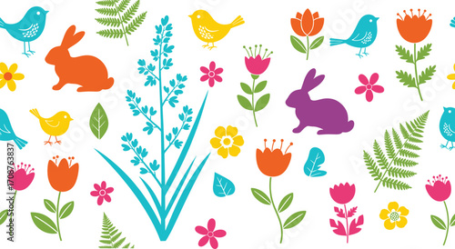 Wallpaper Mural Whimsical birds, rabbits, flowers, and leaves in vibrant spring nature scene, colorful flora and fauna illustration for decorative design use Torontodigital.ca