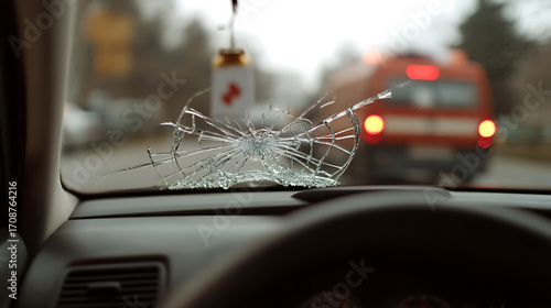 Cracked Windshield: A driver's view through a spiderweb of shattered glass on a car windshield after a collision, with blurred street scenery in the background.