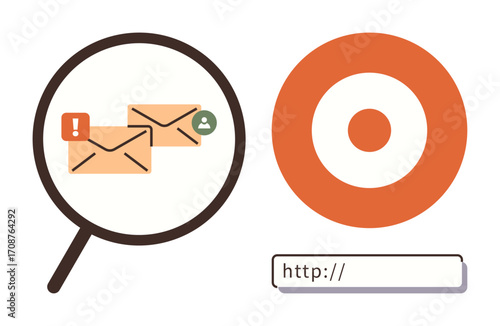 Magnifying glass inspecting emails with alert signs, target icon, and a URL bar. Ideal for cybersecurity, analysis, email spam, marketing, online search data privacy and communication. Simple flat