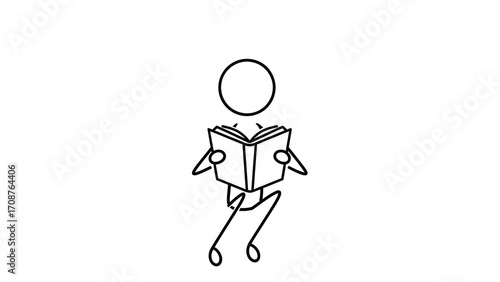 A minimalist black and white line drawing of a stick figure sitting down and reading an open book.