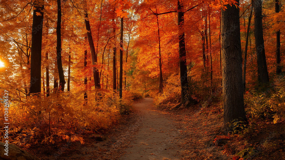 Fototapeta premium Autumn forest with vibrant orange and red leaves, winding path leading through trees, warm golden hour glow