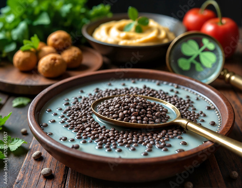 A wooden table is set with a bowl of light blue soup containing dark brown lentils, a gold spoon, a bowl of yellow mashed potatoes, a plate of golden brown potatoes, and fresh red tomatoes.