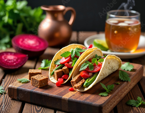 A rustic wooden table is set with two vibrant tacos filled with fresh vegetables, garnished with cilantro, accompanied by a copper pitcher and a glass of tea.