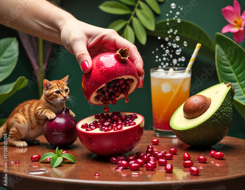 A hand holds a pomegranate, revealing its red seeds, while an orange cat gazes and a glass of orange juice sits nearby.