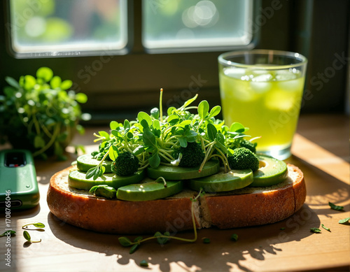 A wooden table holds a sandwich with avocado, microgreens, and cucumber, accompanied by a refreshing green drink and a green phone.