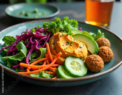 A vibrant and healthy salad with hummus, cucumber, avocado, falafel, broccoli, carrots, and red cabbage is served on a blue plate, accompanied by a glass of orange liquid.