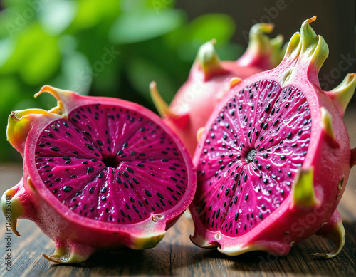 Two halves of a vibrant pink dragon fruit, filled with small black seeds, are displayed on a wooden surface.