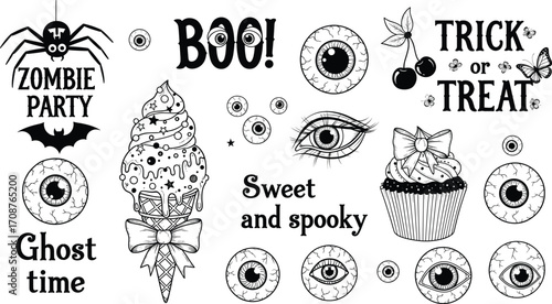 Black and white Halloween illustration with spooky cupcake, eyeballs, spider, bat, ghost text, and trick or treat elements